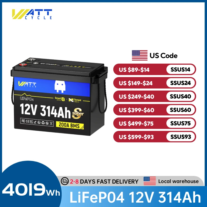 Wattcycle New 4-in-1 Smart Switch 12V 314Ah Mini LiFePO4 Lithium Battery with 200A BMS 3A Active Balancer App Real-time Monitor
Wattcycle New 4-in-1 Smart Switch 12V 314Ah Mini LiFePO4 Lithium Battery with 200A BMS 3A Active Balancer App Real-time Monitor