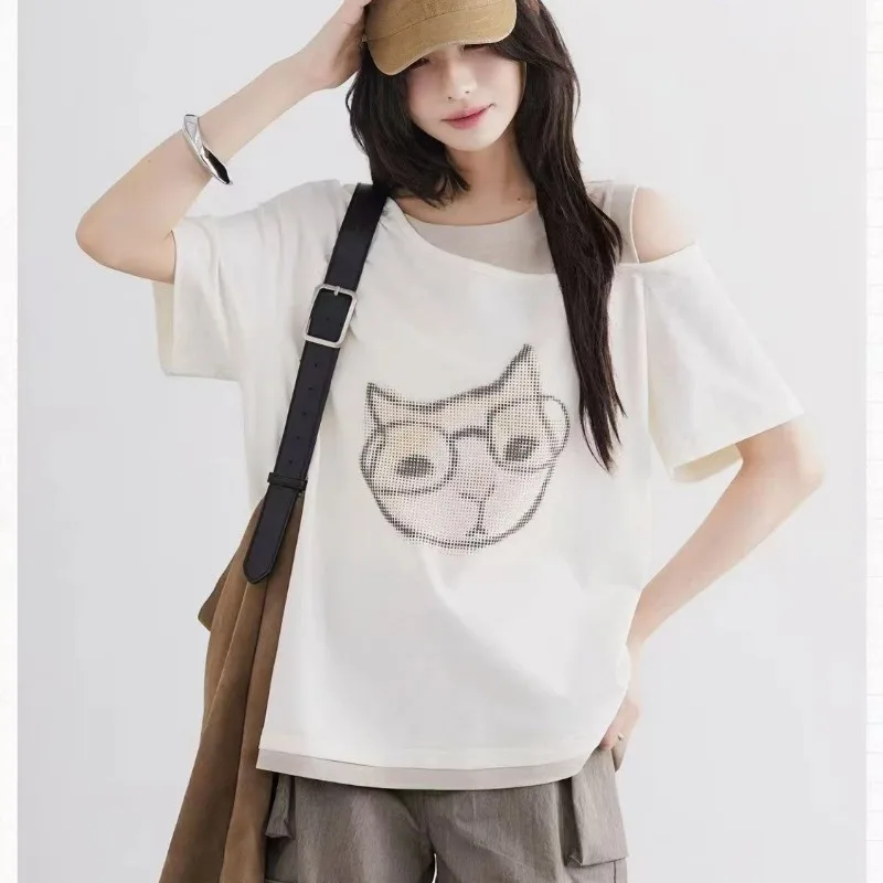 Women's Cute Cat Print Off Shoulder Fake Two-Piece Short Sleeve T-shirt Loose Casual Summer Top
Women's Cute Cat Print Off Shoulder Fake Two-Piece Short Sleeve T-shirt Loose Casual Summer Top