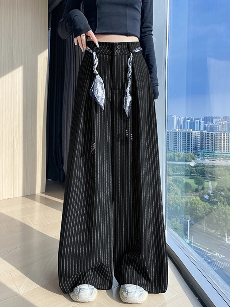 Retro Striped Suit Wide Leg Casual Pants Women's High Waist Loose Silk Scarf Belted Floor Length Trousers Autumn Winter New
Retro Striped Suit Wide Leg Casual Pants Women's High Waist Loose Silk Scarf Belted Floor Length Trousers Autumn Winter New