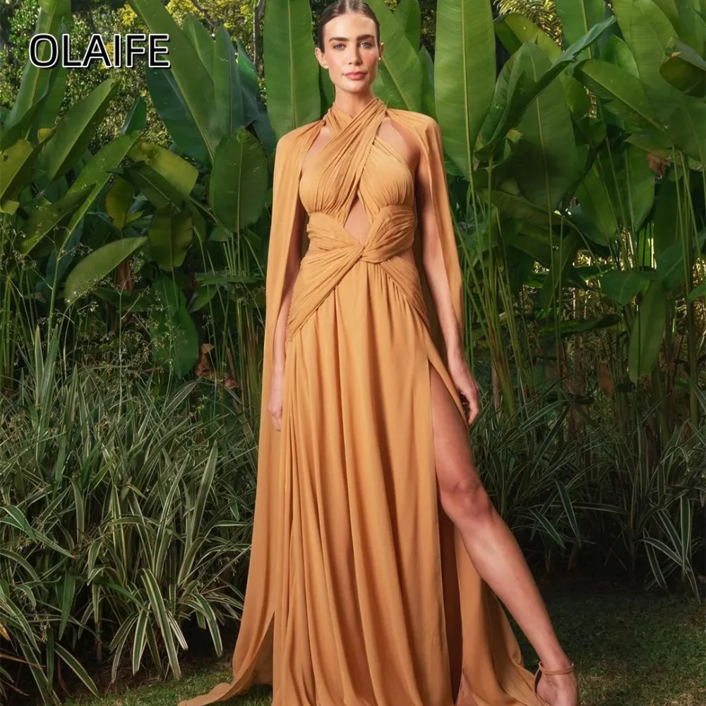 Sexy Long Halter Chiffon Prom Dresses Slit A-Line Sleeveless Pleated Sweep Train Customized Sleeveless Buttons فساتين سهرة
Sexy Long Halter Chiffon Prom Dresses Slit A-Line Sleeveless Pleated Sweep Train Customized Sleeveless Buttons فساتين سهرة