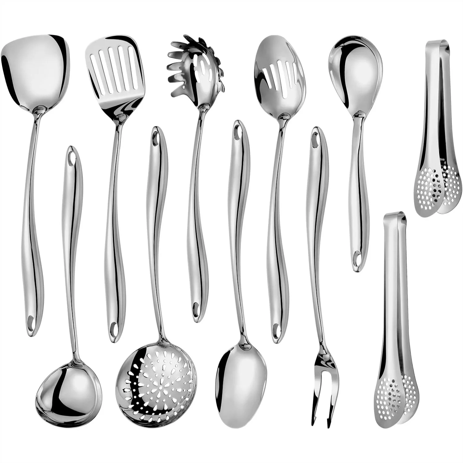 304 Stainless Steel Kitchen Utensils Set, 11 Pcs Long Metal Cooking Tools with Spatula, Spoon, Ladle, Skimmer, Tongs - Mirror
304 Stainless Steel Kitchen Utensils Set, 11 Pcs Long Metal Cooking Tools with Spatula, Spoon, Ladle, Skimmer, Tongs - Mirror