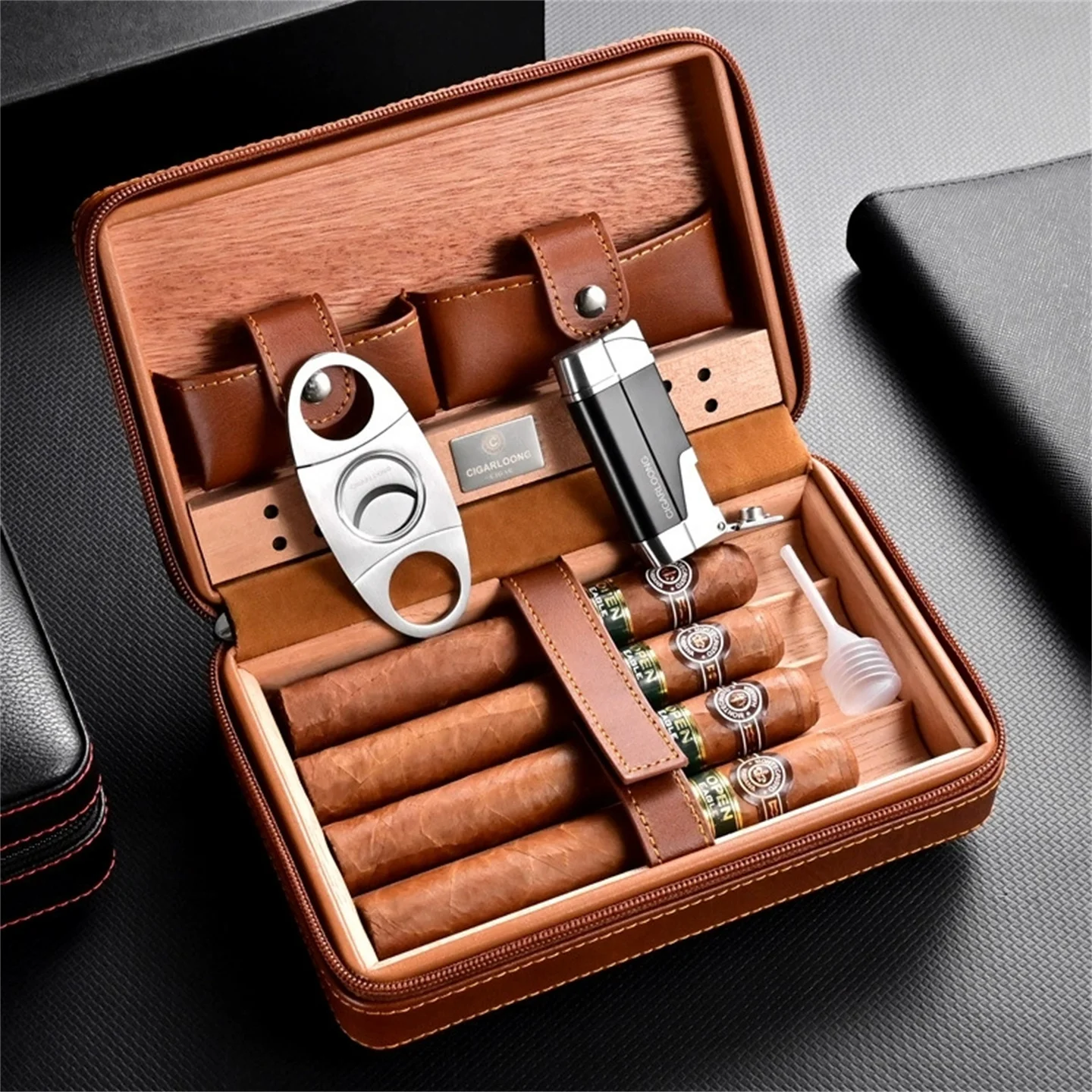 Cow Leather & Spanish Cedar Cigar Humidor Built-In Humidifier Portable Zipper Men's Gift Cigar Box 4-Pieces Capacity
Cow Leather & Spanish Cedar Cigar Humidor Built-In Humidifier Portable Zipper Men's Gift Cigar Box 4-Pieces Capacity