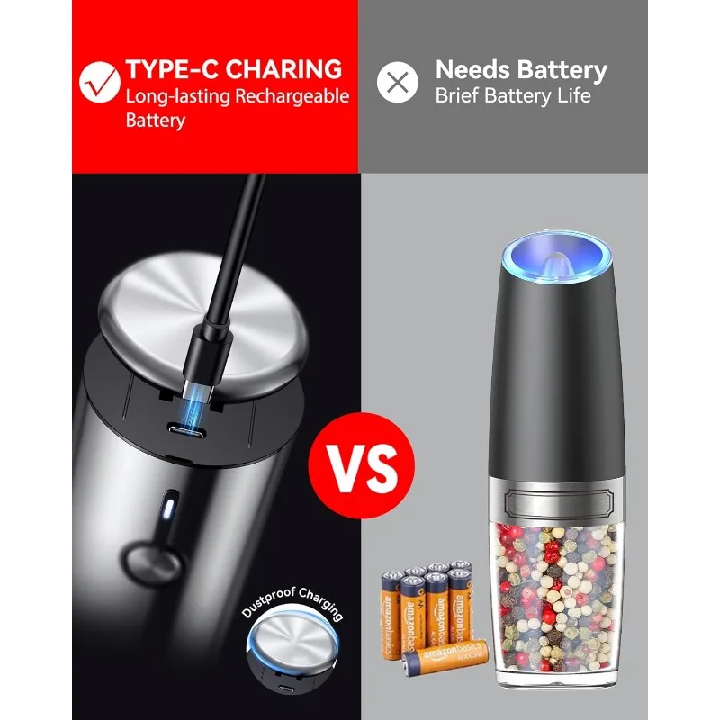 Rechargeable Electric Salt and Pepper Grinder Set -USB Charging Port with Sliding Dust Cover; Automatic Salt and
Rechargeable Electric Salt and Pepper Grinder Set -USB Charging Port with Sliding Dust Cover; Automatic Salt and