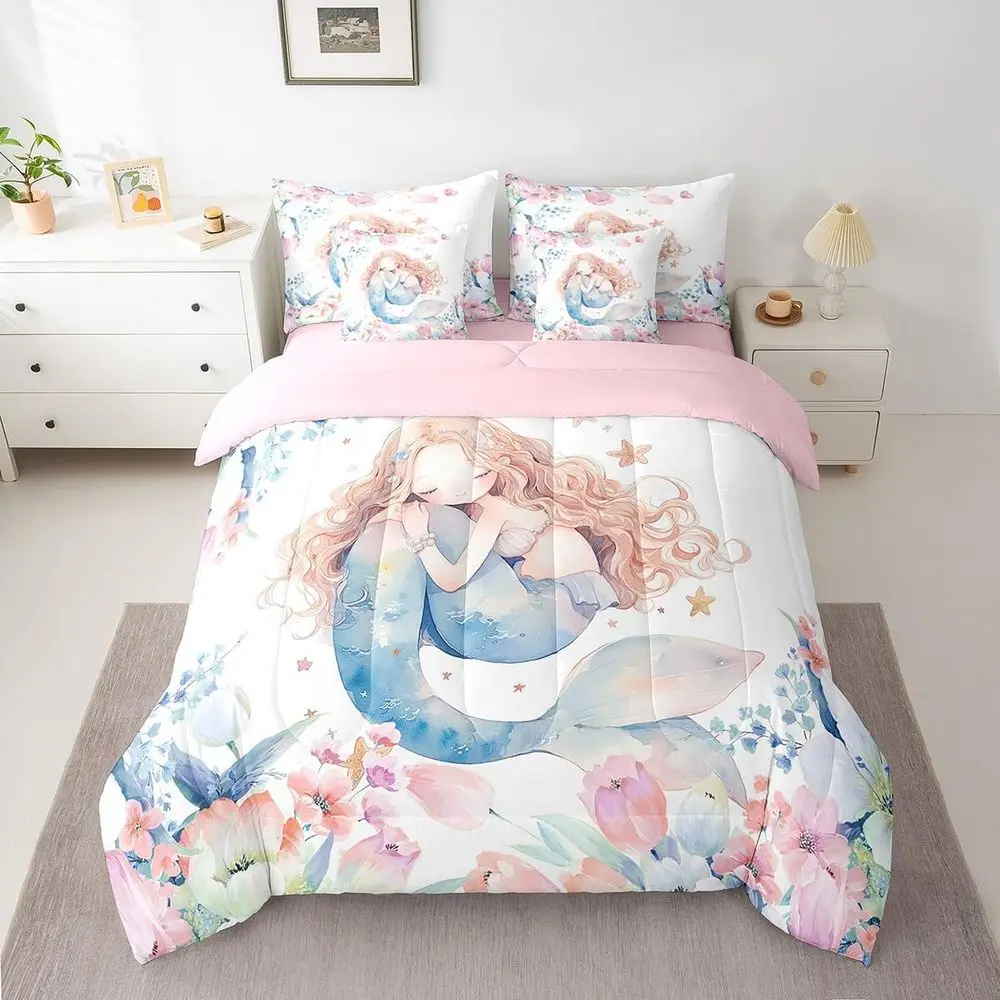Mermaid Comforter Set for Kids - 7-Piece Ocean Themed Bedding with Sheets, Pillowcases, and Cushion Cover
Mermaid Comforter Set for Kids - 7-Piece Ocean Themed Bedding with Sheets, Pillowcases, and Cushion Cover