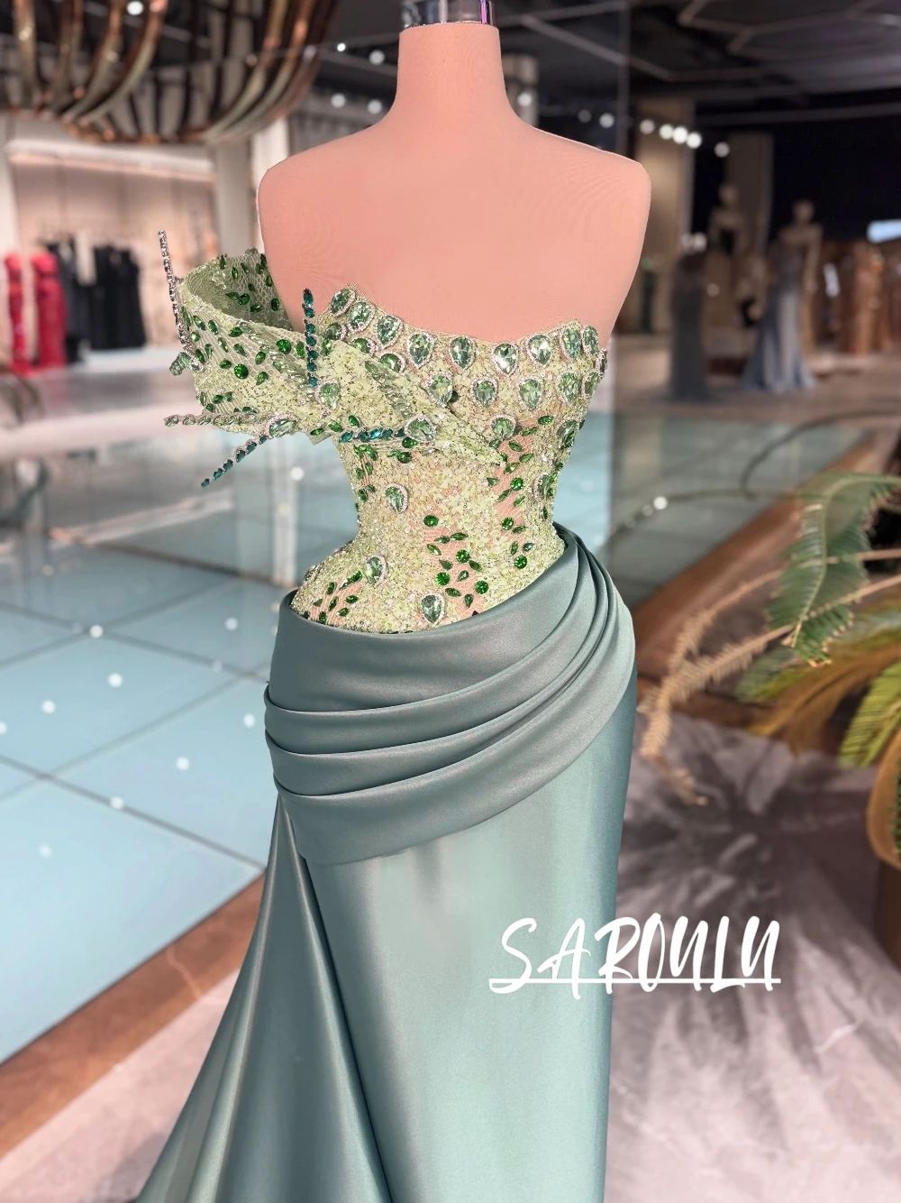Asymmetrical Draped Satin Evening Dress Gorgeous Mint Green Strapless Crystal Beads Mermaid Formal Prom Cocktail Gown Customized
Asymmetrical Draped Satin Evening Dress Gorgeous Mint Green Strapless Crystal Beads Mermaid Formal Prom Cocktail Gown Customized