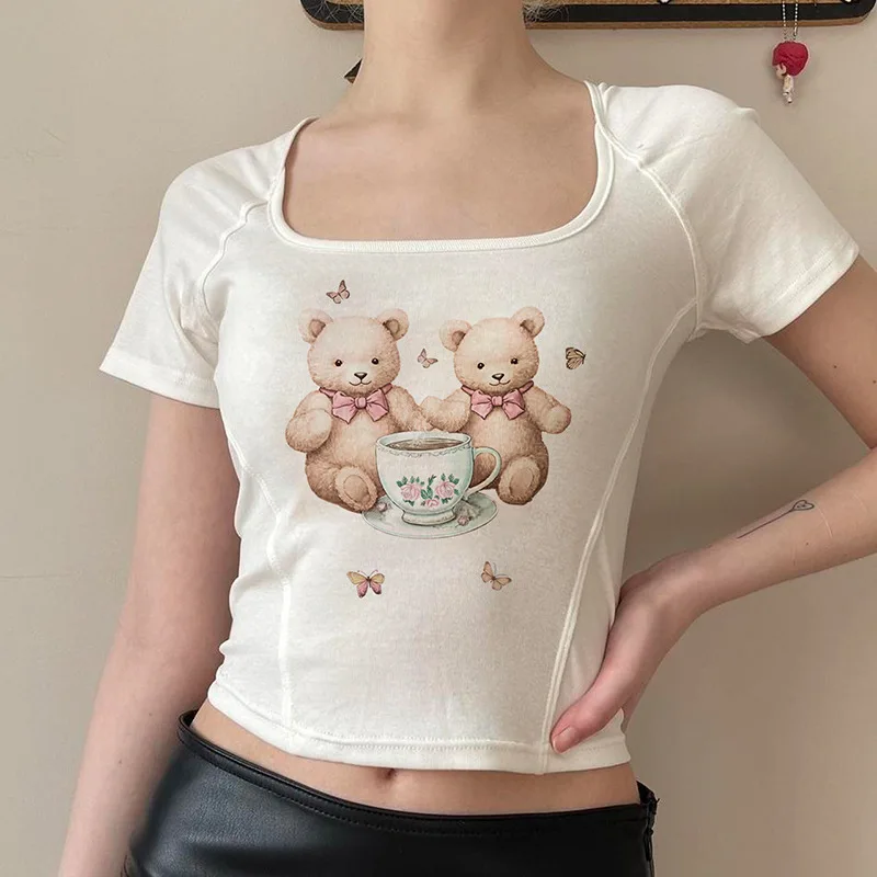 Cute Bear Printed Square Collar KnittedTT-shirt All-Match Home Casual Contrast Color Split Slimming Patchwork Girl Blouse
Cute Bear Printed Square Collar KnittedTT-shirt All-Match Home Casual Contrast Color Split Slimming Patchwork Girl Blouse