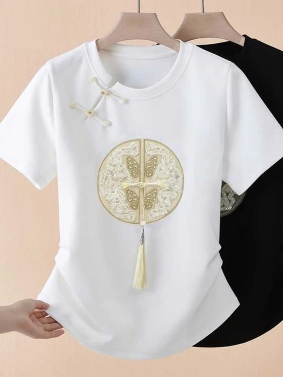 New 2024 Chinese Sle Women's Slim Fit ort Sve round Ne T-irt Traditional Button Design with Skirt Summer Faion Top
New 2024 Chinese Sle Women's Slim Fit ort Sve round Ne T-irt Traditional Button Design with Skirt Summer Faion Top