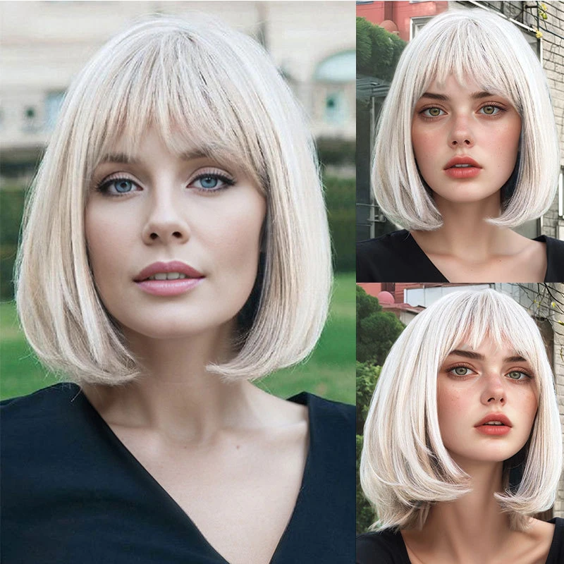 European and American style bob for women with bangs, beige short hair, full head wig
European and American style bob for women with bangs, beige short hair, full head wig