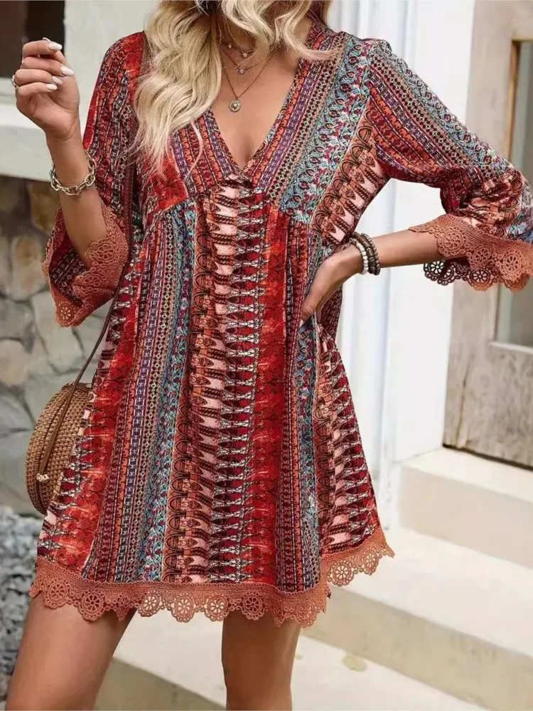 Lace Trimmed Vintage Printed Dress Summer New V-neck Mini Dress Beach Style Elegant Floral Women's Mid Sleeved Dress
Lace Trimmed Vintage Printed Dress Summer New V-neck Mini Dress Beach Style Elegant Floral Women's Mid Sleeved Dress