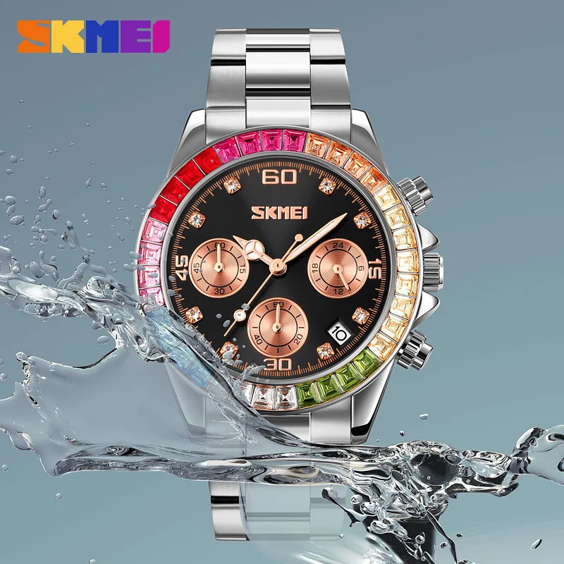 SKMEI square colorful diamond steel strap watch. Fashionable and personalized rainbow bezel wristwatch, three sub-dials six-hand
SKMEI square colorful diamond steel strap watch. Fashionable and personalized rainbow bezel wristwatch, three sub-dials six-hand