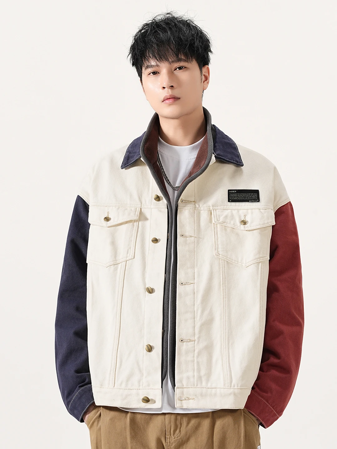 Retro American Spliced Color Blo Denim Jaet Men's Loose Workwear Jaet Trendy Label Design Cotton Blend Long Sve
Retro American Spliced Color Blo Denim Jaet Men's Loose Workwear Jaet Trendy Label Design Cotton Blend Long Sve