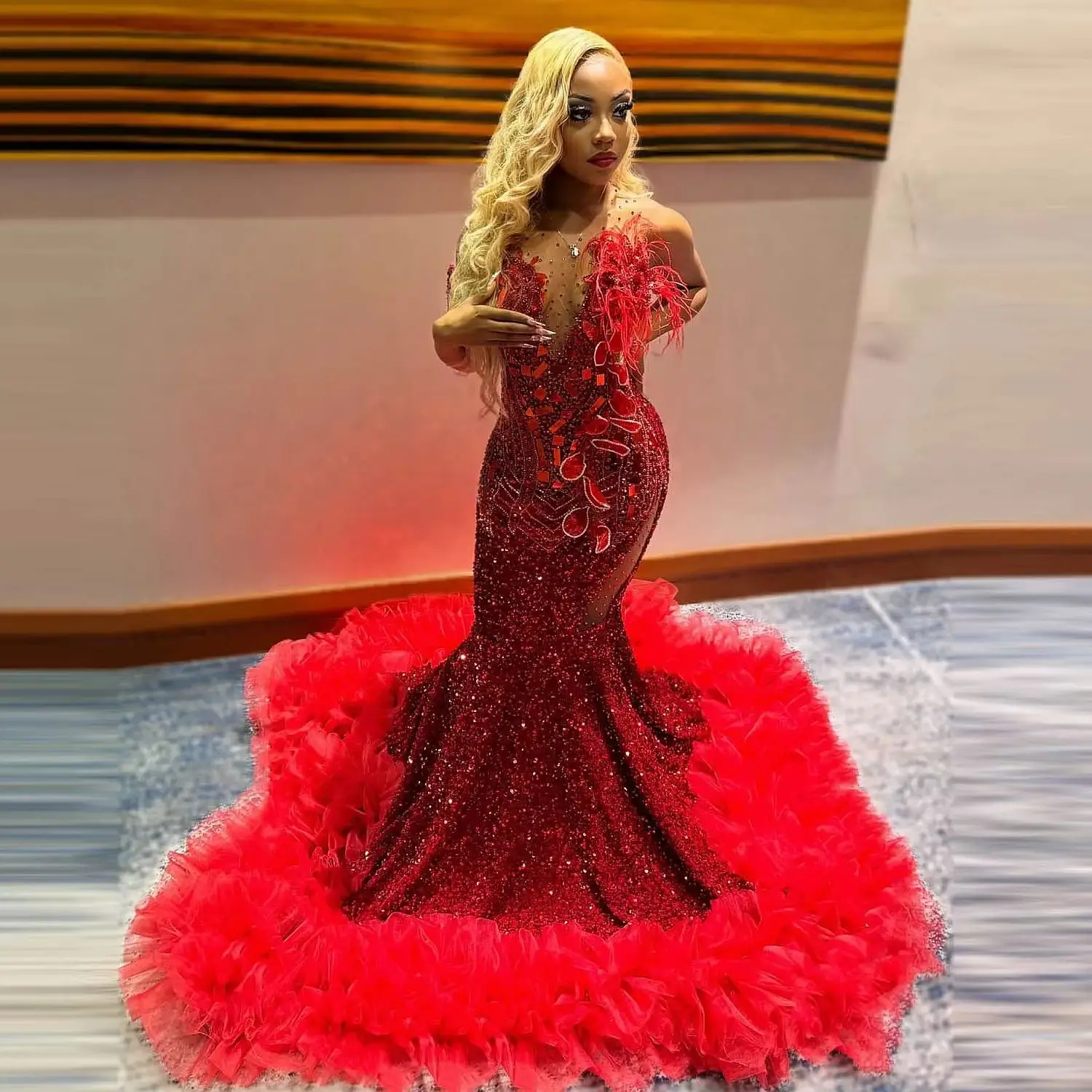 Stunning Red Mermaid Evening Gowns With Illusion Neck Crystals Sequined Prom Dresses Aso Ebi Black Girls Wedding Party Dress
Stunning Red Mermaid Evening Gowns With Illusion Neck Crystals Sequined Prom Dresses Aso Ebi Black Girls Wedding Party Dress