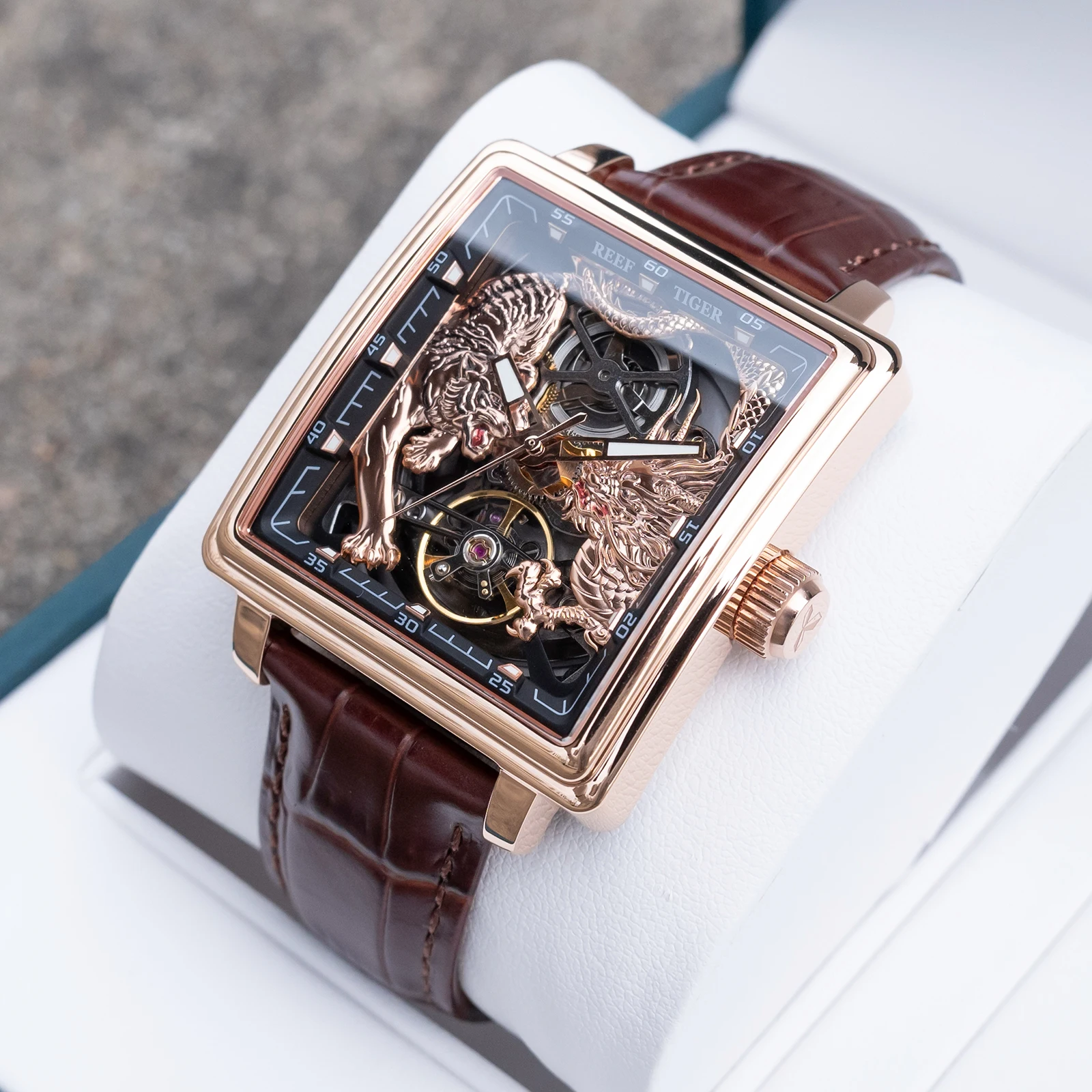 Reef Tiger RT Rose Gold Dragon-Tiger Pattern Automatic Watch - Luxury Square Skeleton with Tourbillon Leather Strap RGA5026-T
Reef Tiger RT Rose Gold Dragon-Tiger Pattern Automatic Watch - Luxury Square Skeleton with Tourbillon Leather Strap RGA5026-T