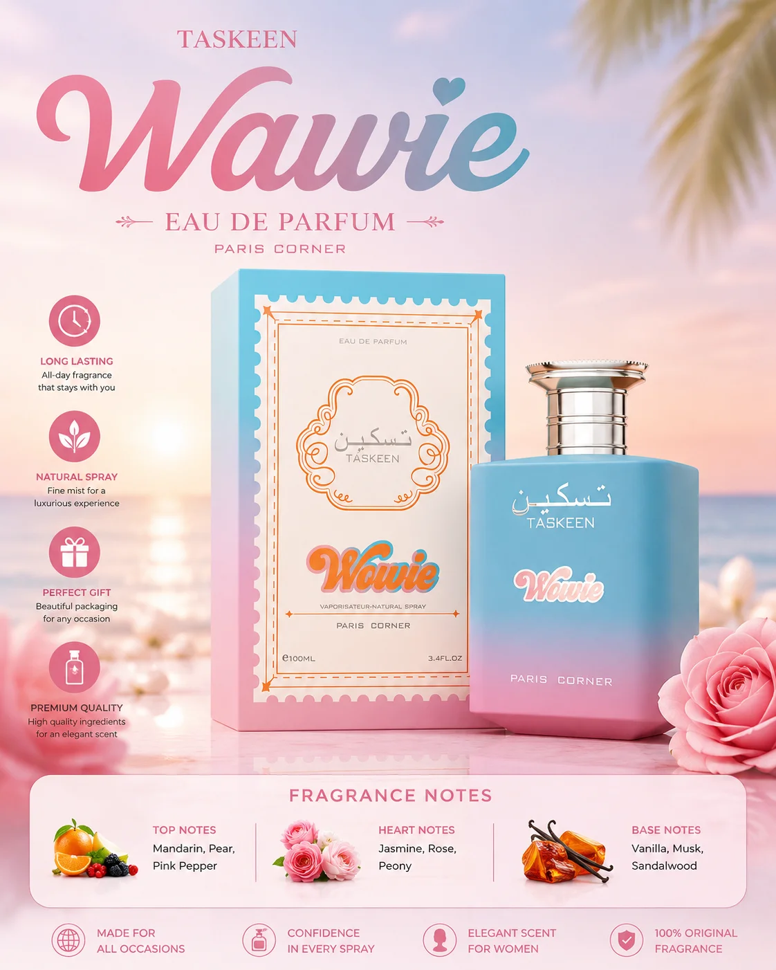 Paris Corner Taskeen Wowie Perfume 100ml For Women Long Lasting Sweet Floral Fragrance Eau De Parfum Blue Pink Bottle Gift
Paris Corner Taskeen Wowie Perfume 100ml For Women Long Lasting Sweet Floral Fragrance Eau De Parfum Blue Pink Bottle Gift