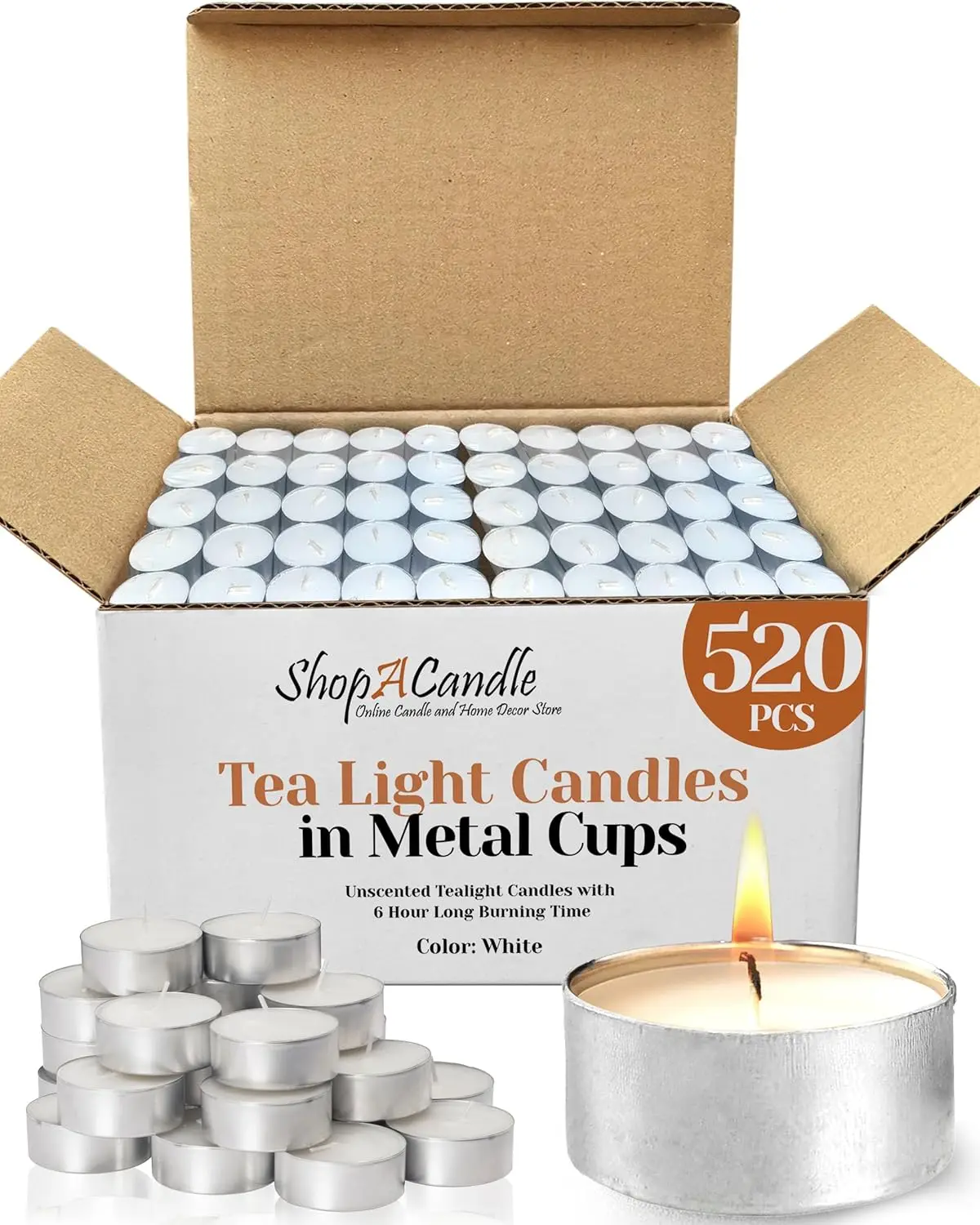 520 Unscented White Tea Light Candles in Metal Cups - 6 Hour Burn Time
520 Unscented White Tea Light Candles in Metal Cups - 6 Hour Burn Time