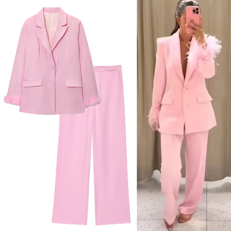 Женский розовый костюм, комплект с глубоким V-образным рукавом и перьями, осень 2023, новые широкие брюки на молнии, повседневная офисная одежда, комплекты из 2 предметов для женщин 
Женский розовый костюм, комплект с глубоким V-образным рукавом и перьями, осень 2023, новые широкие брюки на молнии, повседневная офисная одежда, комплекты из 2 предметов для женщин