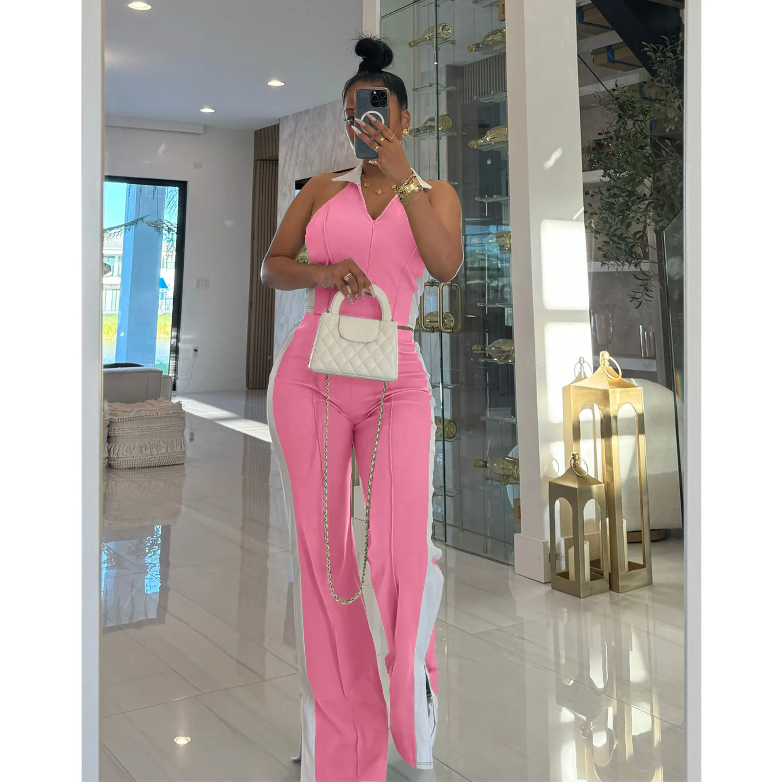 Spring Summer Fashion Contrasting Color Two Piece Set Women V-neck Sleeveless Short Top Long Pants Casual Slim Fit Twopiece Set 
Spring Summer Fashion Contrasting Color Two Piece Set Women V-neck Sleeveless Short Top Long Pants Casual Slim Fit Twopiece Set