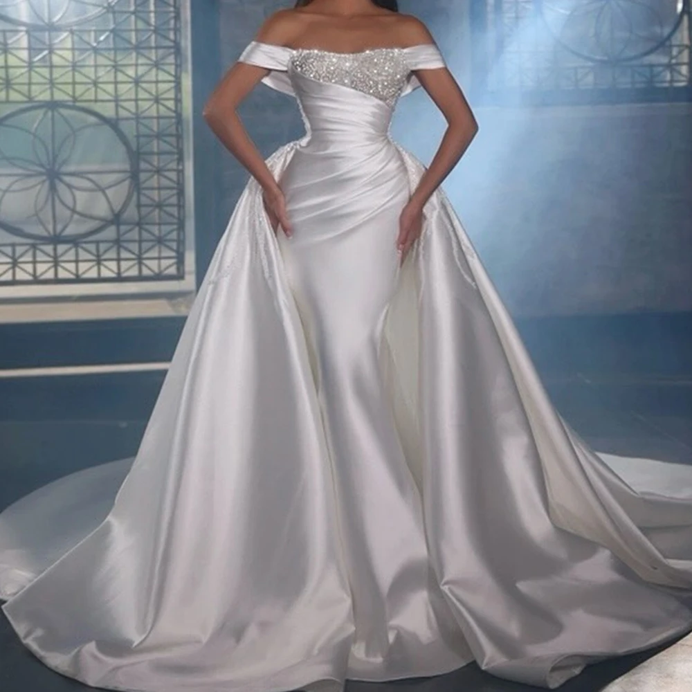 Customized Classic Panel Train Pleats Crystal Off the Shoulder Evening Dress Graceful Mermaid Strapless Satin White Party Gown
Customized Classic Panel Train Pleats Crystal Off the Shoulder Evening Dress Graceful Mermaid Strapless Satin White Party Gown