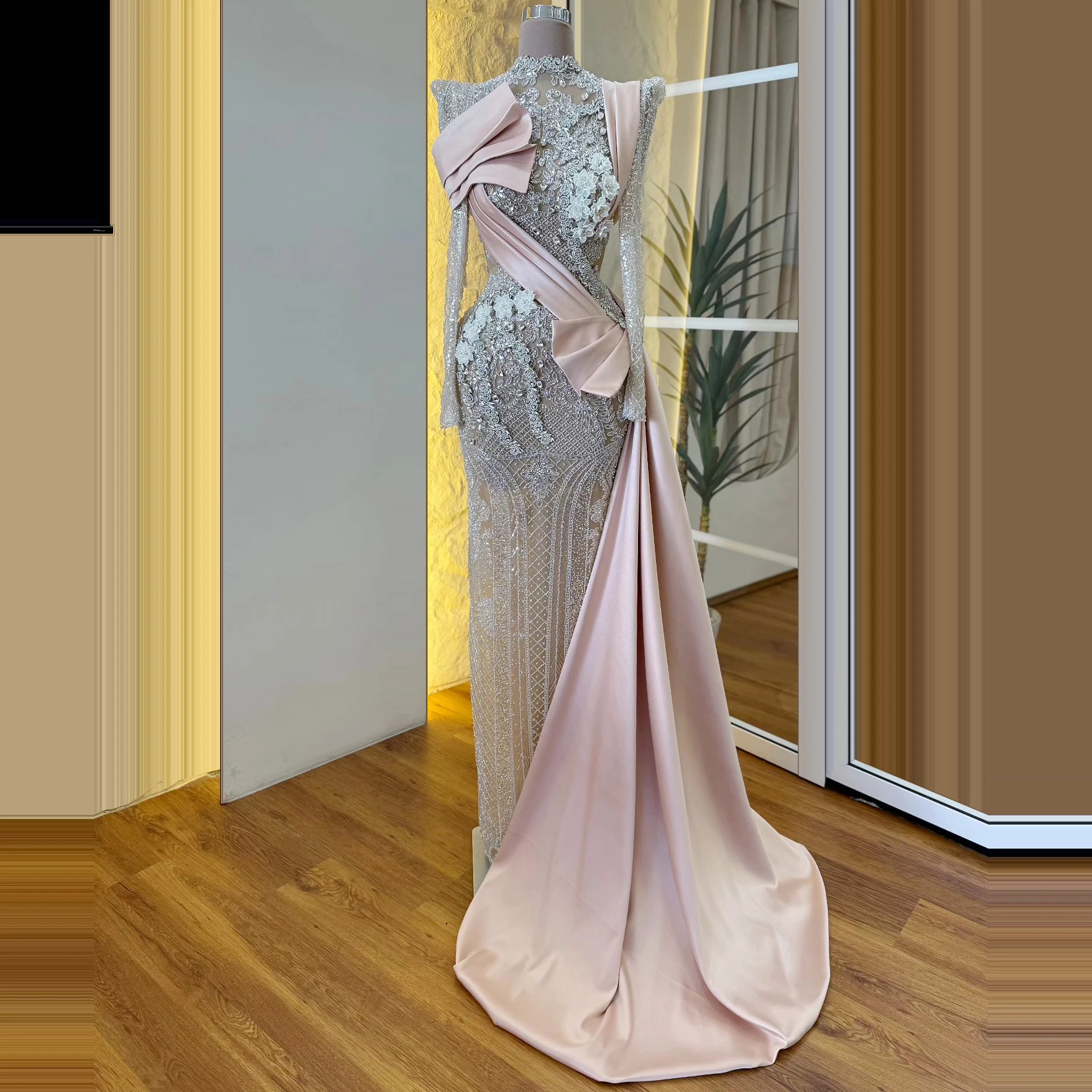 Pink High Neck Mermaid Formal Prom Dress Illusion Lace Evening Dress Elegant 3D Flower Crystal Birthday Party Dress Customized
Pink High Neck Mermaid Formal Prom Dress Illusion Lace Evening Dress Elegant 3D Flower Crystal Birthday Party Dress Customized