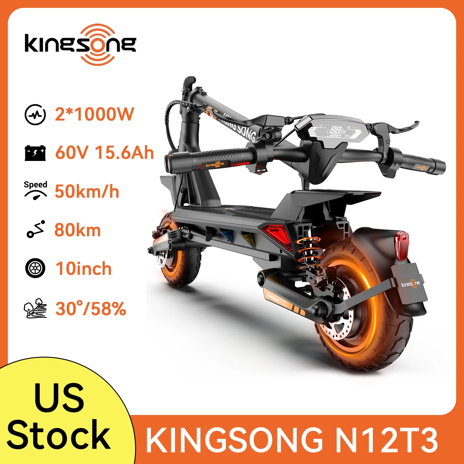 Kingsong N12T3 2*1500W Electric Scooter, 80km Range, 50km/h Max Speed, 10” Off-Road Tubeless Tires, Dual Suspension, Triple Brake System, Foldable Scooter for Adults
Kingsong N12T3 2*1500W Electric Scooter, 80km Range, 50km/h Max Speed, 10” Off-Road Tubeless Tires, Dual Suspension, Triple Brake System, Foldable Scooter for Adults