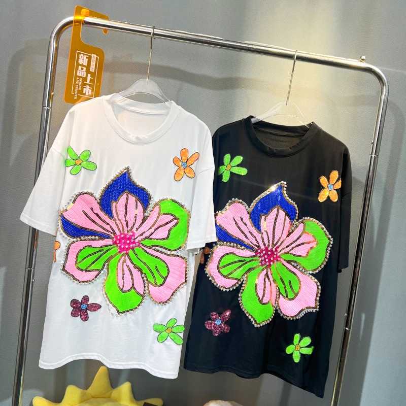 Trendy 2024 New Summer Women Short Sleeve T-shirt Beads Sequins Flowers Oversize Pullover Top Mid-long Casual Cotton Basic Tees
Trendy 2024 New Summer Women Short Sleeve T-shirt Beads Sequins Flowers Oversize Pullover Top Mid-long Casual Cotton Basic Tees