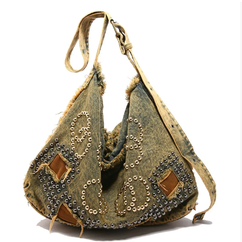 European/American Retro Denim Pleated Fringe Edge Rivet Shoulder Bag With Personalized Fashion And Large Capacity Crossbody Bag
European/American Retro Denim Pleated Fringe Edge Rivet Shoulder Bag With Personalized Fashion And Large Capacity Crossbody Bag