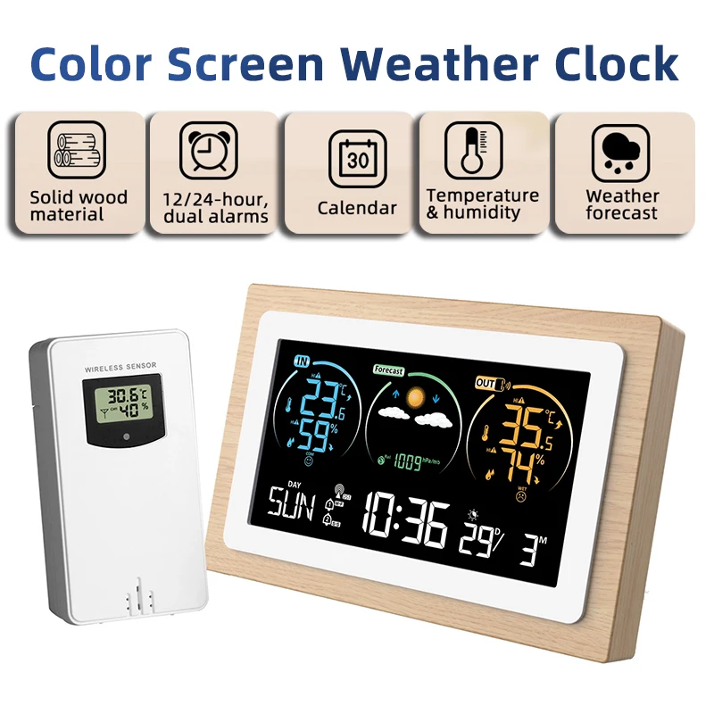 FJ3399C Solid Wood Wireless Weather Station Clock VA Color Screen Indoor Outdoor Temperature Humidity Meter Weather Forecast
FJ3399C Solid Wood Wireless Weather Station Clock VA Color Screen Indoor Outdoor Temperature Humidity Meter Weather Forecast