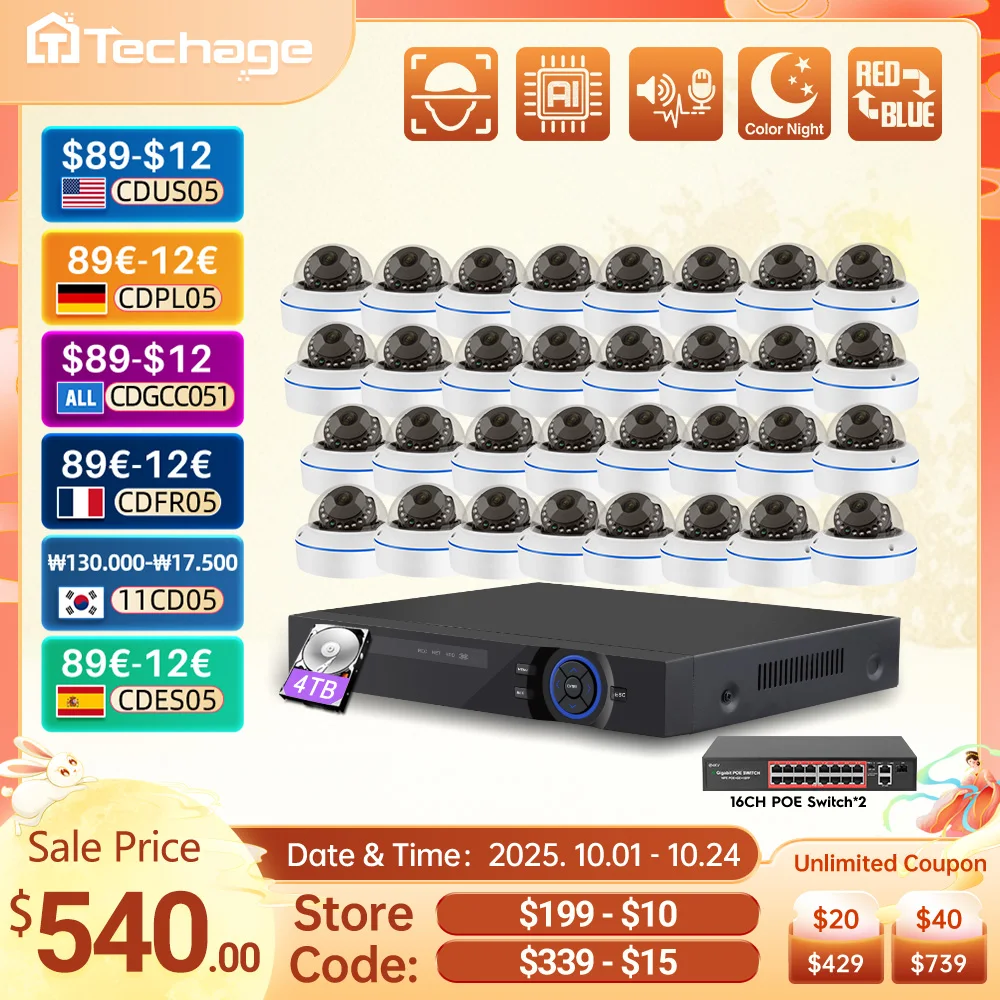 Techage 32CH 4MP 5MP POE Security Camera System Vandalproof IP Camera Audio Record Face Detection H.265 CCTV Video Surveillance
Techage 32CH 4MP 5MP POE Security Camera System Vandalproof IP Camera Audio Record Face Detection H.265 CCTV Video Surveillance