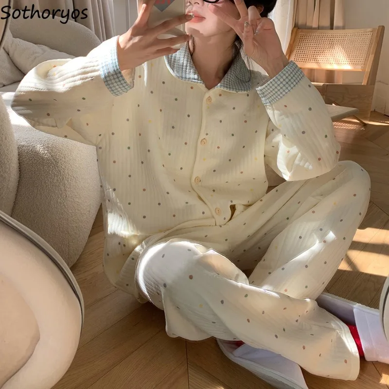 Pajama Sets Women Casual Turn-down Collar Polka Dot Autumn Winter Sleepwear Ins Style Popular Students Warm Homewear Temperament
Pajama Sets Women Casual Turn-down Collar Polka Dot Autumn Winter Sleepwear Ins Style Popular Students Warm Homewear Temperament