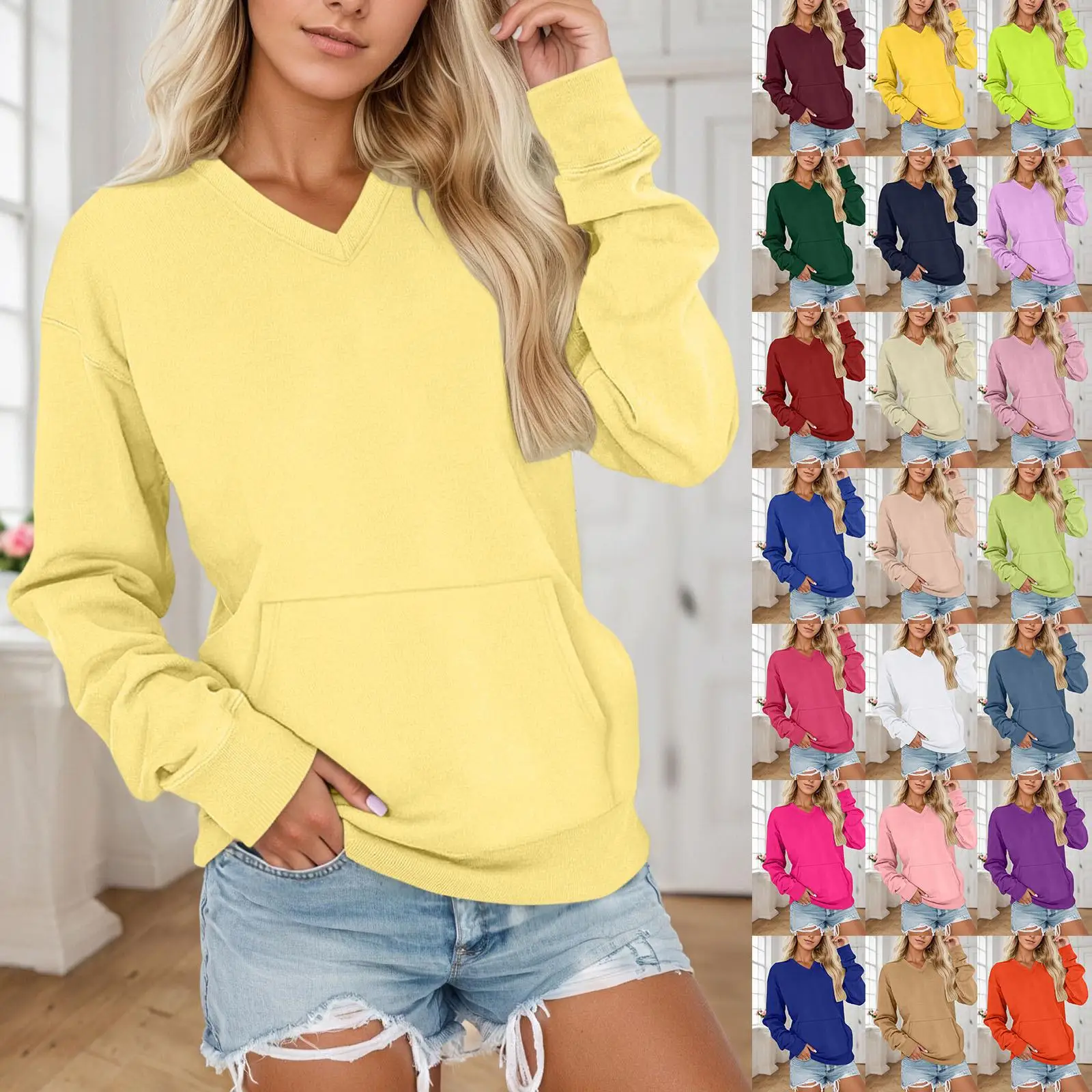 Women's V-Neck Hooded Sweatshirt with Pocket Regular Sleeve Length Waist-Cinching Style Winter Collection Color
Women's V-Neck Hooded Sweatshirt with Pocket Regular Sleeve Length Waist-Cinching Style Winter Collection Color