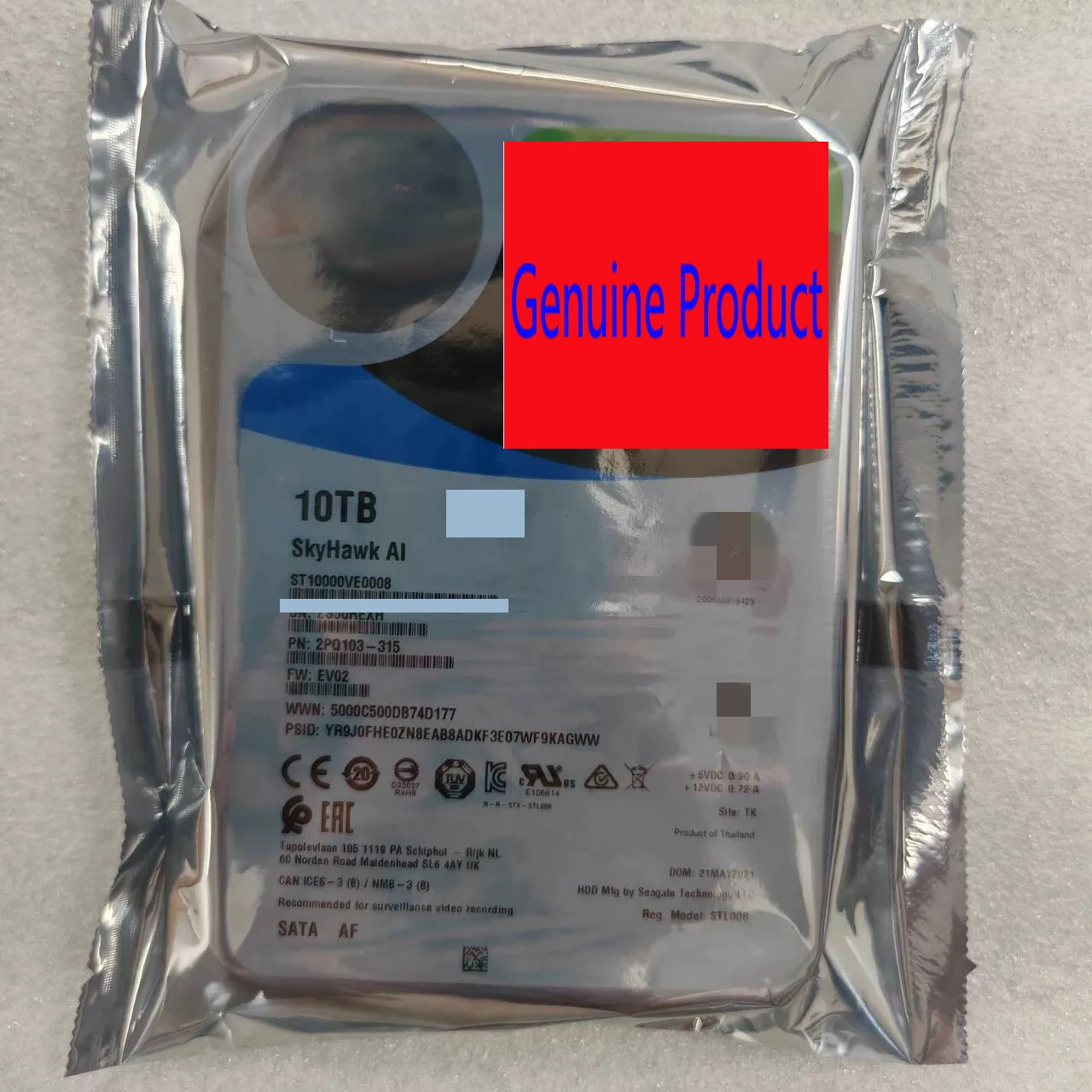 NEW ST10000VE0008 SkyHawk AI 10TB 7200RPM SATA 6Gb 3.5" 256MB Hard Drive
NEW ST10000VE0008 SkyHawk AI 10TB 7200RPM SATA 6Gb 3.5" 256MB Hard Drive