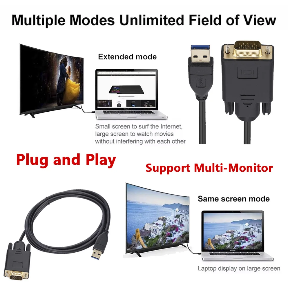 1.8m USB to VGA Converter Cable, USB3.0 Male to VGA Male, High-Speed Video Adapter for Windows & Mac
1.8m USB to VGA Converter Cable, USB3.0 Male to VGA Male, High-Speed Video Adapter for Windows & Mac