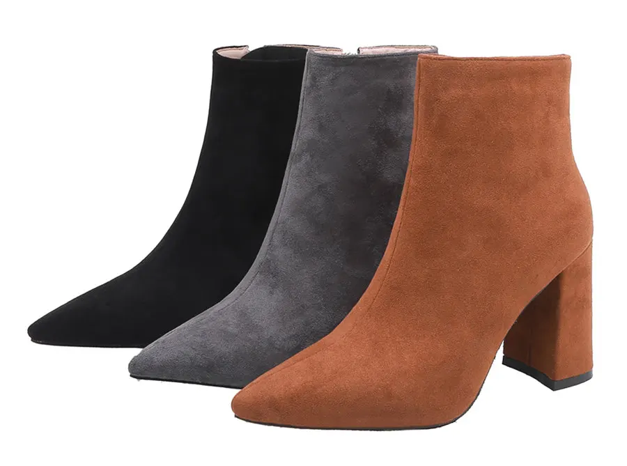 Зимние женские ботильоны большого размера, черные, коричневые, из флока, высокий блочный каблук, острый носок, вечерние офисные женские плюшевые короткие сапоги на молнии 
Зимние женские ботильоны большого размера, черные, коричневые, из флока, высокий блочный каблук, острый носок, вечерние офисные женские плюшевые короткие сапоги на молнии