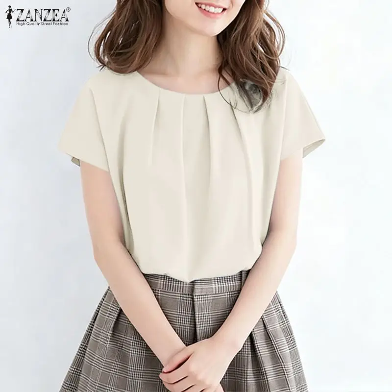 Women Minimalist Casual Chic Blouses O-Neck Pleated Front Short Sleeve Solid Color Tops ZANZEA Summer Loose Blusas de Mujer
Women Minimalist Casual Chic Blouses O-Neck Pleated Front Short Sleeve Solid Color Tops ZANZEA Summer Loose Blusas de Mujer