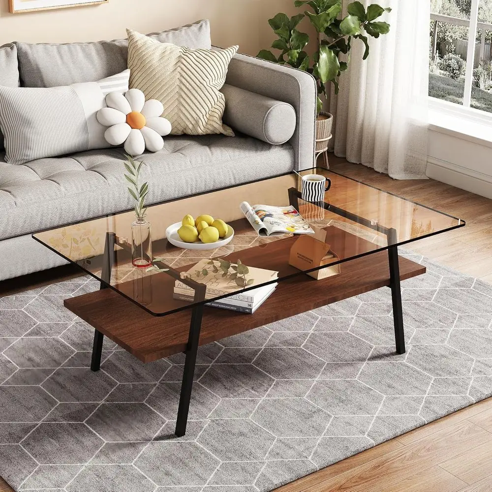 Modern Living Room Coffee Table with Gold Accents and Wooden Shelves - Black, Brown Glass, Brown Wood
Modern Living Room Coffee Table with Gold Accents and Wooden Shelves - Black, Brown Glass, Brown Wood