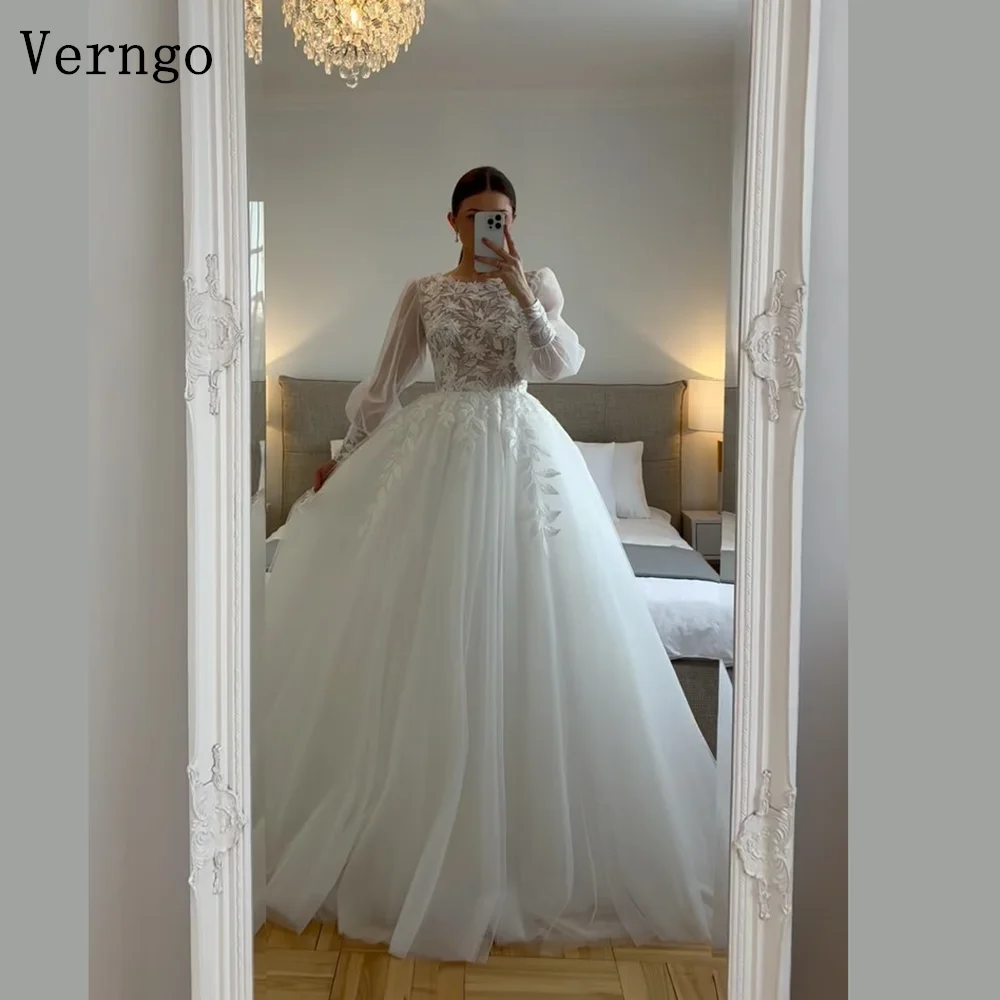 Verngo lvory Tulle Appliques Bridal Gown O Neck Long Sleeves A Line Prom Gowns Elegant Bride Dresses Customized
Verngo lvory Tulle Appliques Bridal Gown O Neck Long Sleeves A Line Prom Gowns Elegant Bride Dresses Customized