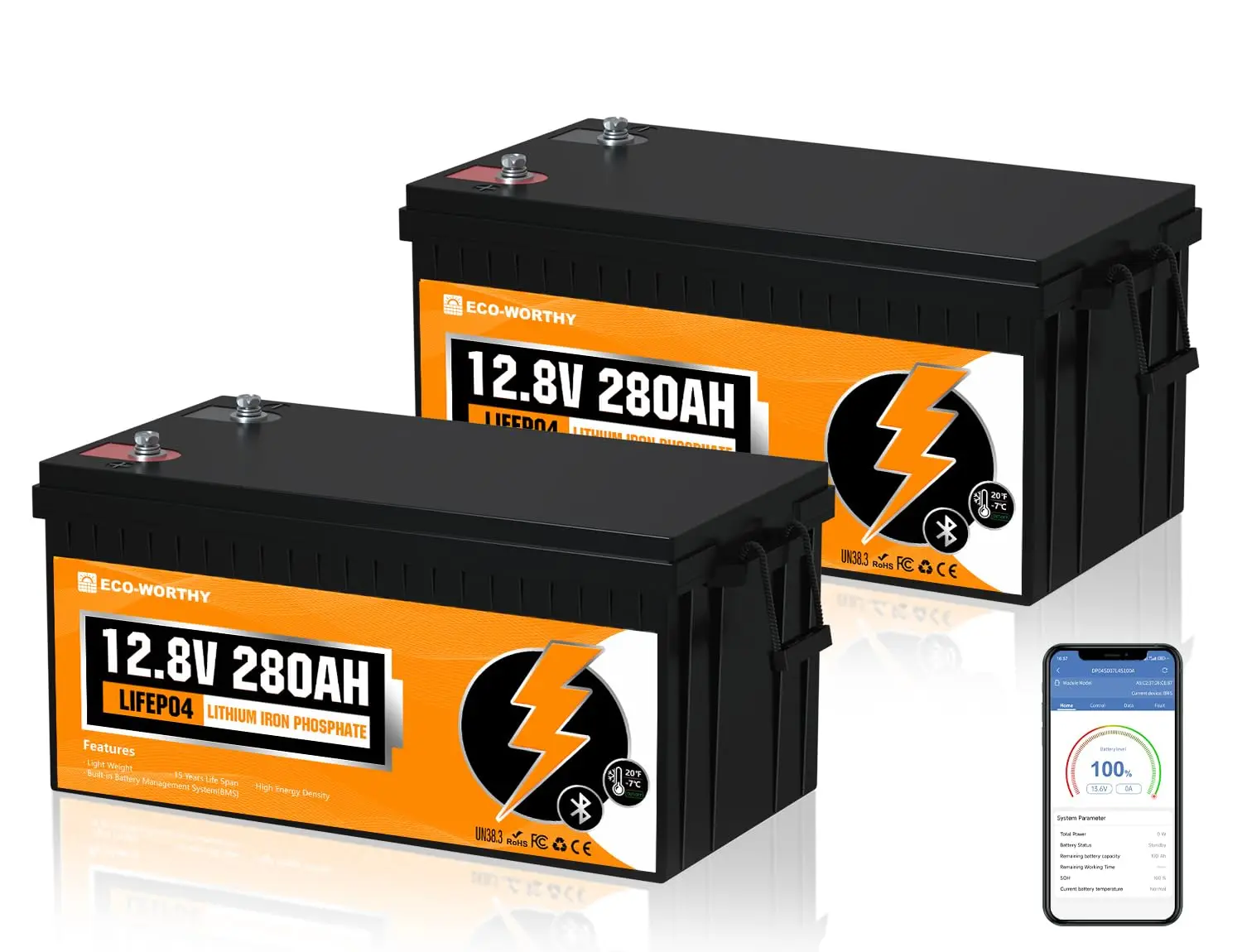 12V 280Ah 2 Pack LiFePO4 Lithium Battery with Bluetooth, Low Temp Protection, Built-in 200A BMS, 3584Wh Energy., Customized
12V 280Ah 2 Pack LiFePO4 Lithium Battery with Bluetooth, Low Temp Protection, Built-in 200A BMS, 3584Wh Energy., Customized