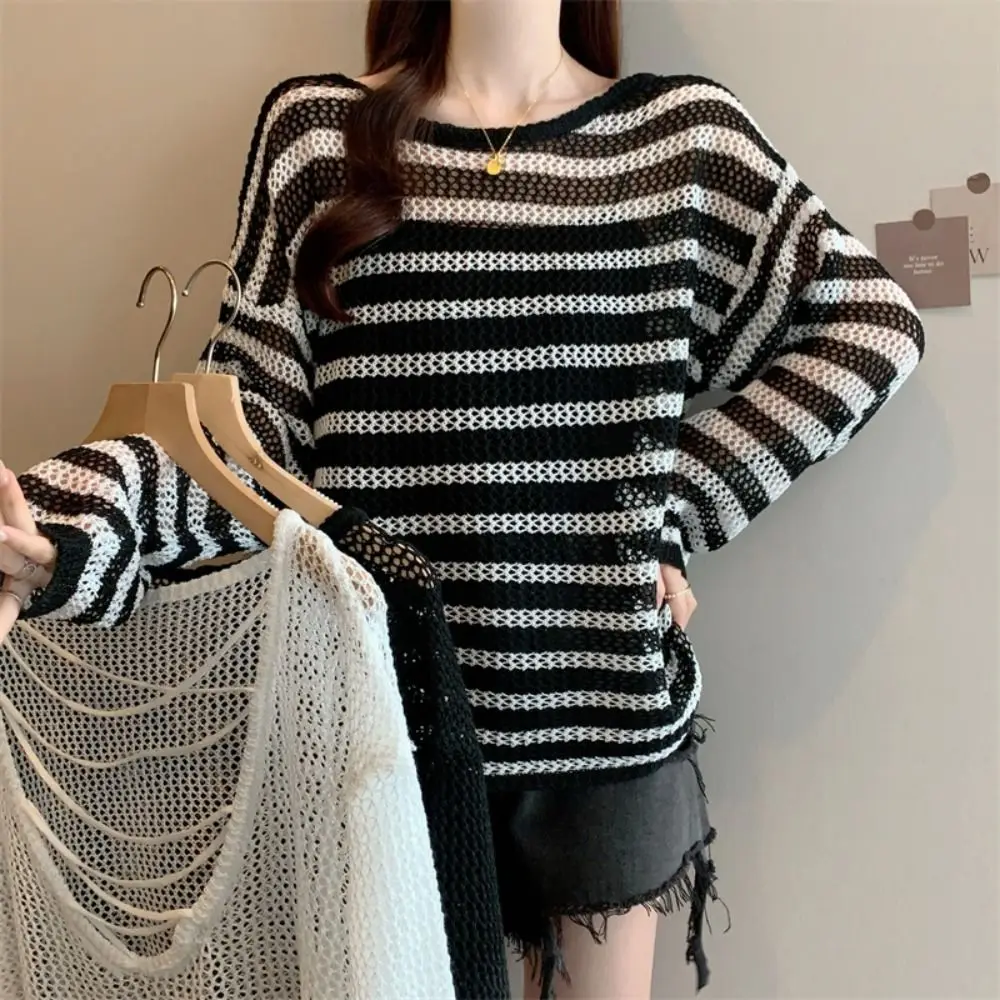 Breathable Casual Knitted Hollow Pullover Loose Beachwear Long Sleeve T Shirt Round Neck Stripe Crochet Top Women Summer
Breathable Casual Knitted Hollow Pullover Loose Beachwear Long Sleeve T Shirt Round Neck Stripe Crochet Top Women Summer