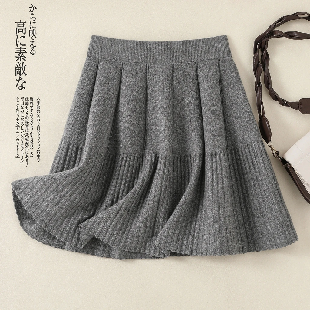 Осень-зима вязаная юбка женская плиссированная юбка эластичная высокая талия рабочая вечеринка короткая мини-юбка сексуальная однотонная серая черная