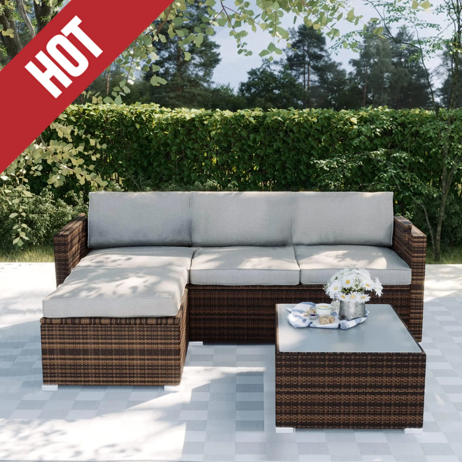 5-Piece Outdoor Sectional Furniture,w Grey Cushions,Brown Wicker Patio Furniture Patio Conversation Sets Wicker w Tempered Glass
5-Piece Outdoor Sectional Furniture,w Grey Cushions,Brown Wicker Patio Furniture Patio Conversation Sets Wicker w Tempered Glass