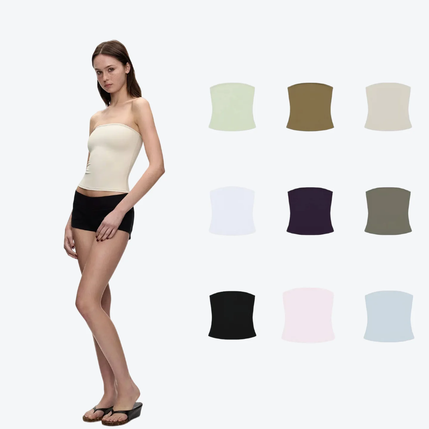 Tank basic strapless top, new soy color, grass green, high elasticity and skin-friendly top.
Tank basic strapless top, new soy color, grass green, high elasticity and skin-friendly top.