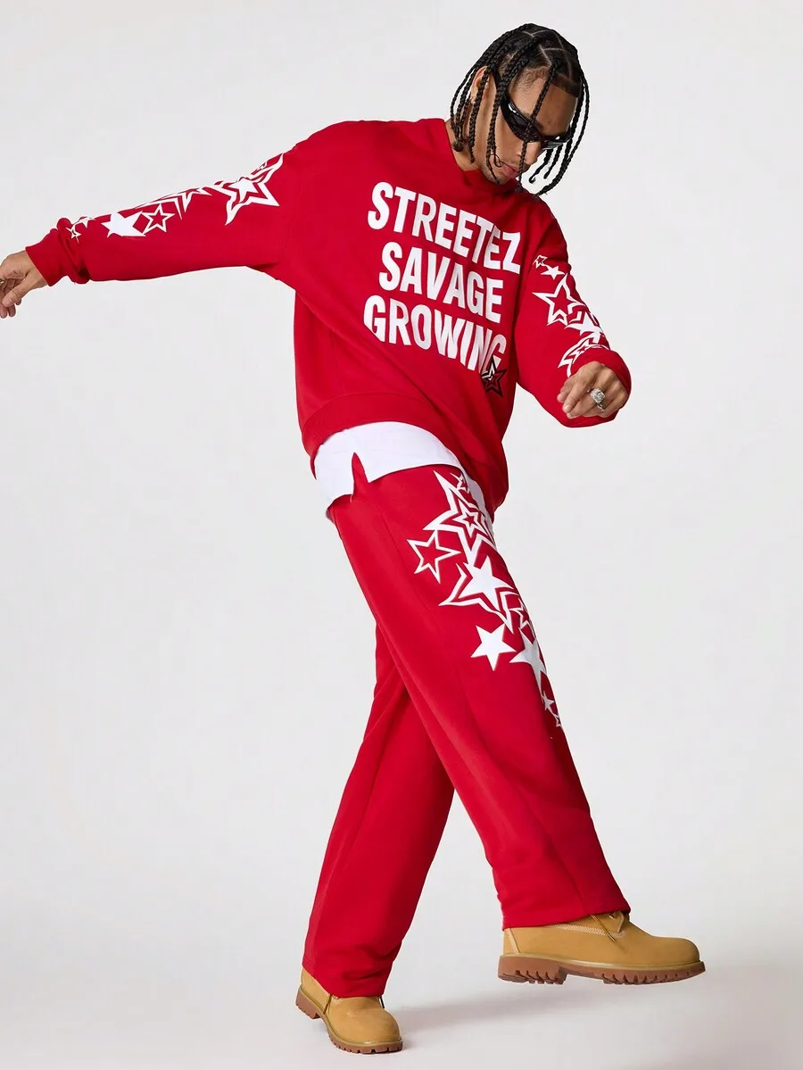 Red Two-Piece Mens Sweat Set With Bold Typography And Star Motifs, Crewneck Top And Matching Pants For Autumn Winter
Red Two-Piece Mens Sweat Set With Bold Typography And Star Motifs, Crewneck Top And Matching Pants For Autumn Winter