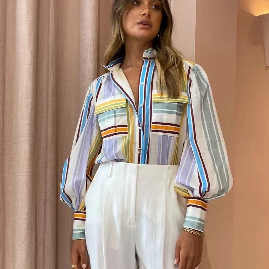 Fashion Retro Style Lapel Single Breasted Long Sleeved Comfortable Colourful Striped Commuter Casual Shirt for Women
Fashion Retro Style Lapel Single Breasted Long Sleeved Comfortable Colourful Striped Commuter Casual Shirt for Women