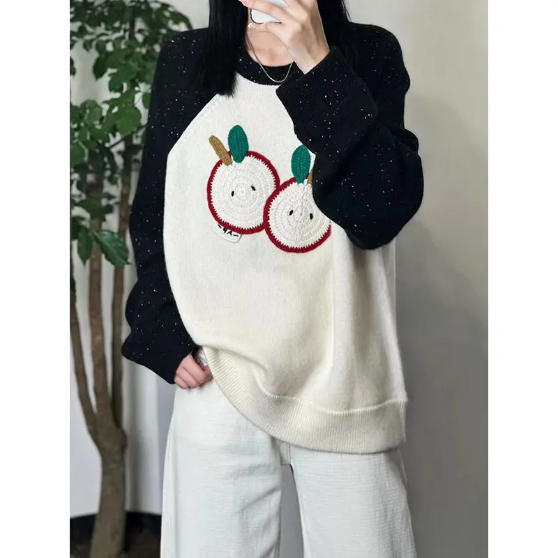 Round neck cartoon sweater autumn/winter 100% Merino wool casual thick splicing knit loose cashmere Tops women embroidery Blouse
Round neck cartoon sweater autumn/winter 100% Merino wool casual thick splicing knit loose cashmere Tops women embroidery Blouse