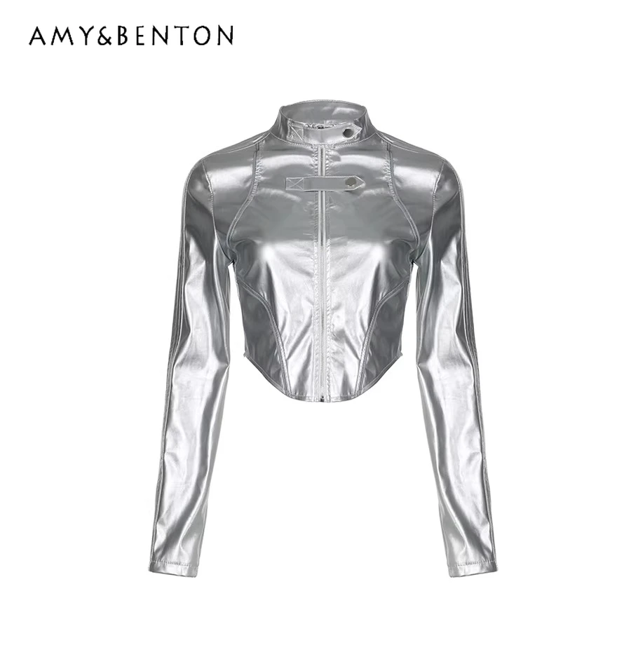 Spring Autumn High Street Hot Girl Metallic PU Shiny Leather Stand Collar Zipper Jacket Irregular Slimming Short Silver Jacket
Spring Autumn High Street Hot Girl Metallic PU Shiny Leather Stand Collar Zipper Jacket Irregular Slimming Short Silver Jacket