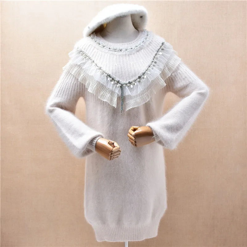 Top Mujer Women Autumn Winter Lace Beading Hairy Angora Rabbit Hair Knitted V-Neck Long Lantern Sleeves Loose Sweater Dress Pull
Top Mujer Women Autumn Winter Lace Beading Hairy Angora Rabbit Hair Knitted V-Neck Long Lantern Sleeves Loose Sweater Dress Pull