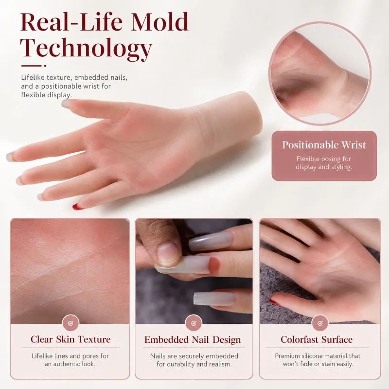 Skin-Like Feel Silicone Female Hand Model Mannequin Finger Fake Nail Training Hand for Manicure DIY Salon Art Jewelry Display
Skin-Like Feel Silicone Female Hand Model Mannequin Finger Fake Nail Training Hand for Manicure DIY Salon Art Jewelry Display