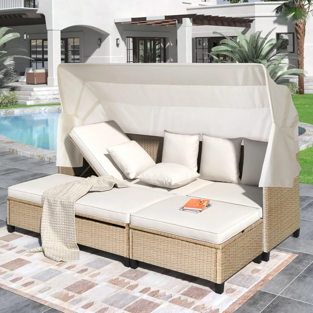 Rattan Outdoor Daybed with Retractable Canopy, 4 Pieces Patio Furniture Sets, Outdoor Sectional Sofa Set with Adjustable Backres
Rattan Outdoor Daybed with Retractable Canopy, 4 Pieces Patio Furniture Sets, Outdoor Sectional Sofa Set with Adjustable Backres