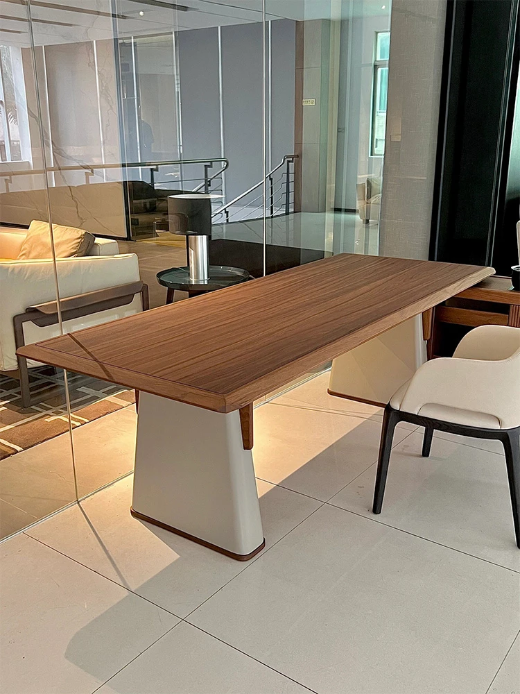 Modern light luxury walnut color medieval rectangular solid wood dining table
Modern light luxury walnut color medieval rectangular solid wood dining table