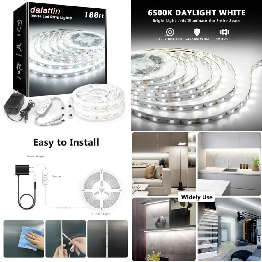 White LED Strip Lights 100Feet, Dimmable Bright 24V Led Light Strip Daylight 1800 LEDs Lights for Bedroom, Mirror, Kitchen, Str
White LED Strip Lights 100Feet, Dimmable Bright 24V Led Light Strip Daylight 1800 LEDs Lights for Bedroom, Mirror, Kitchen, Str